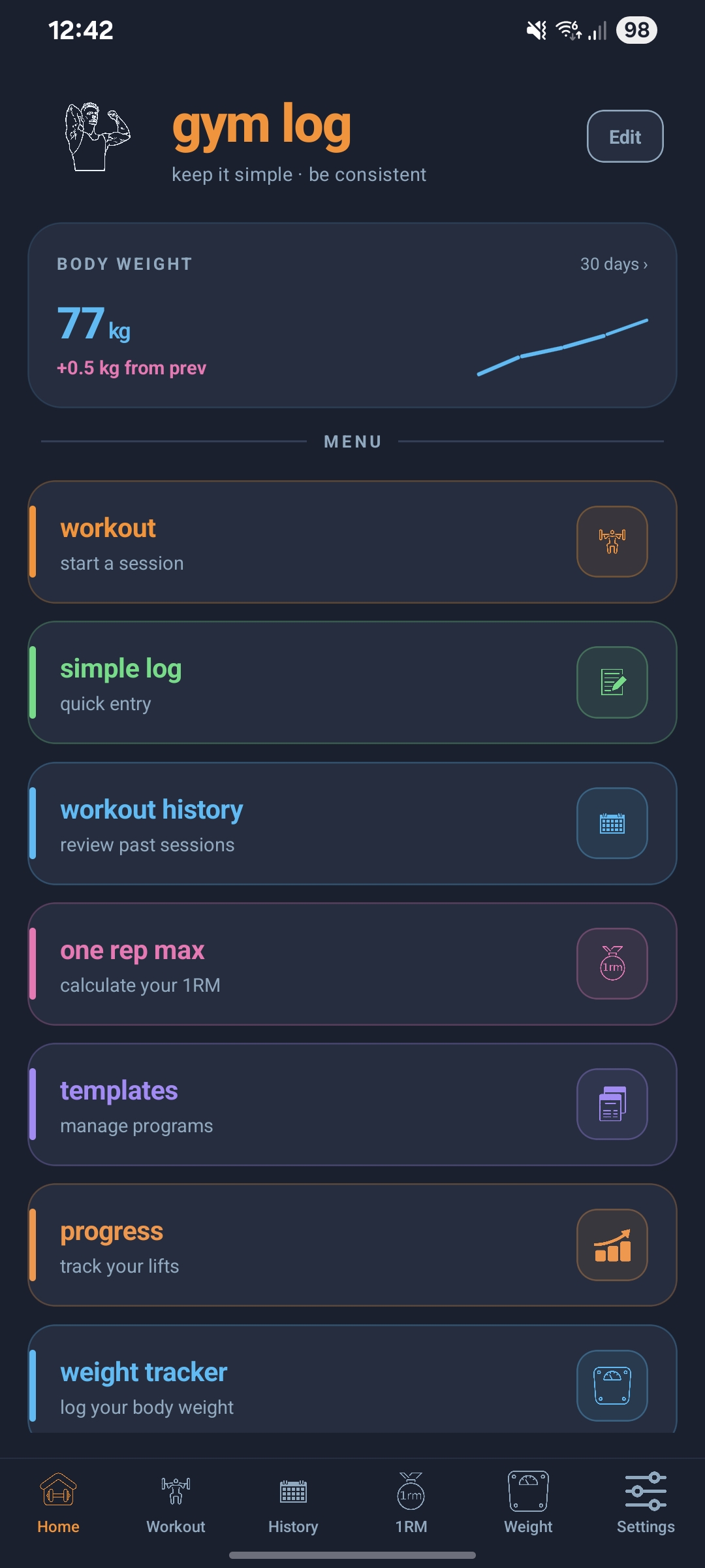 Gym Log menu 2