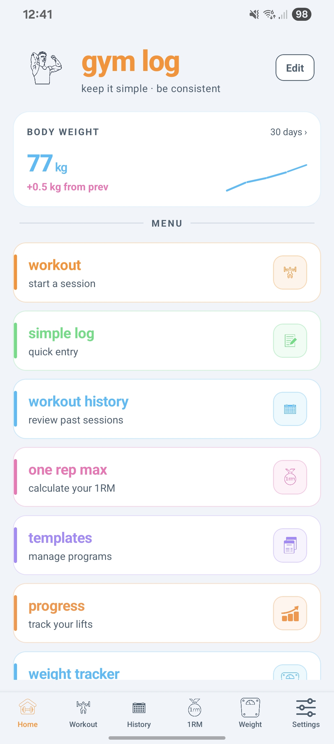 Gym Log menu 2