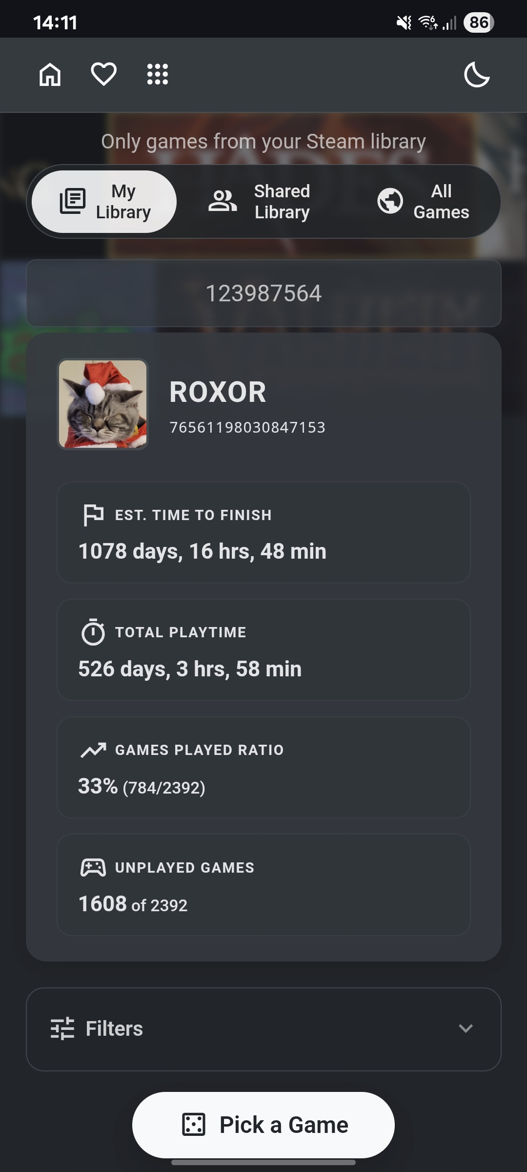 Random Steam Game web app on mobile