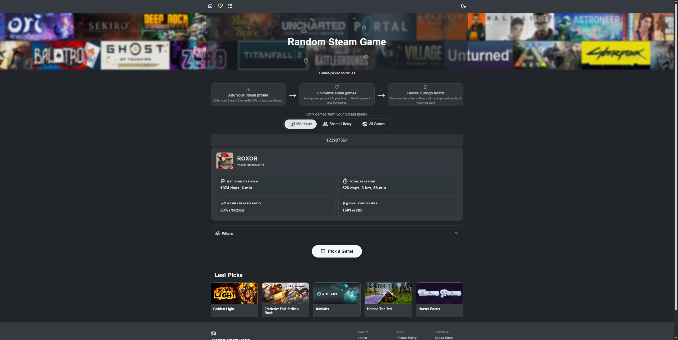Random Steam Game web app interface on desktop